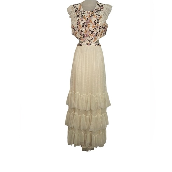 Mac Duggal 35106 Cream Embroidered Cutout Ruffle Maxi Gown Size 10 NWT - Picture 3 of 8